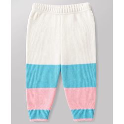Babyhug Knit Full Sleeves Color Block Sweater Set With Cap & Booties -  White & Blue