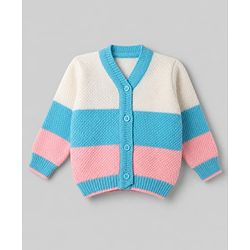 Babyhug Knit Full Sleeves Color Block Sweater Set With Cap & Booties -  White & Blue