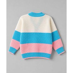 Babyhug Knit Full Sleeves Color Block Sweater Set With Cap & Booties -  White & Blue