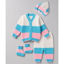 Babyhug Knit Full Sleeves Color Block Sweater Set With Cap & Booties -  White & Blue