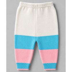 Babyhug Knit Full Sleeves Color Block Sweater Set With Cap & Booties -  White & Blue