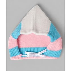 Babyhug Knit Full Sleeves Color Block Sweater Set With Cap & Booties -  White & Blue