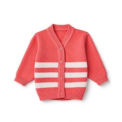 Babyhug Knit Full Sleeves Color Block Design Sweater Set with Cap & Booties - Coral