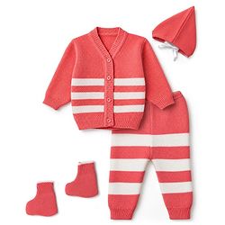 Babyhug Knit Full Sleeves Color Block Design Sweater Set with Cap & Booties - Coral