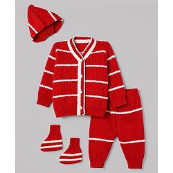 Babyhug Knit Full Sleeves Striped Sweater Set with Cap & Booties in Red