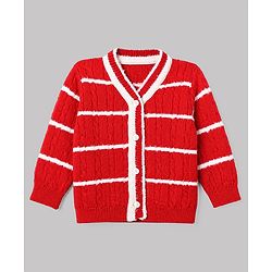 Babyhug Knit Full Sleeves Striped Sweater Set with Cap & Booties in Red