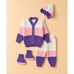 Babyhug Knit Full Sleeves Color Block Sweater Set With Cap & Booties - White & Lavender