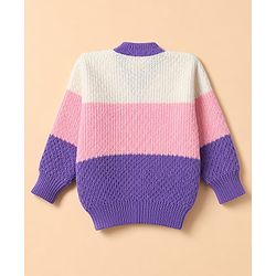 Babyhug Knit Full Sleeves Color Block Sweater Set With Cap & Booties - White & Lavender