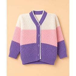 Babyhug Knit Full Sleeves Color Block Sweater Set With Cap & Booties - White & Lavender