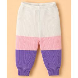 Babyhug Knit Full Sleeves Color Block Sweater Set With Cap & Booties - White & Lavender