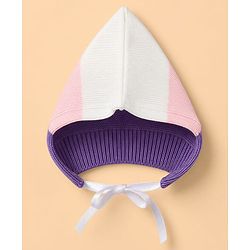 Babyhug Knit Full Sleeves Color Block Sweater Set With Cap & Booties - White & Lavender
