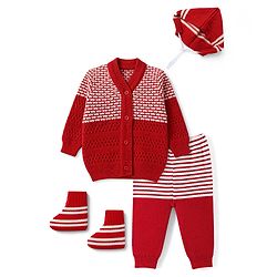 Babyhug Knit Full Sleeves Abstract Design Sweater Set with Cap & Booties - Red