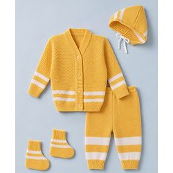 Babyhug Knit Full Sleeves Striped Sweater Set With Cap & Booties - White & Yellow