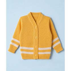 Babyhug Knit Full Sleeves Striped Sweater Set With Cap & Booties - White & Yellow
