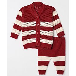 Babyhug Knit Full Length Sweater Set With Cap & Booties Full Sleeves and Striped Print in Maroon
