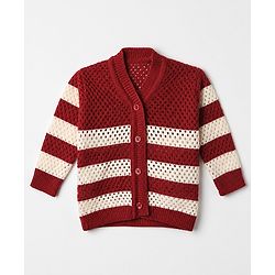 Babyhug Knit Full Length Sweater Set With Cap & Booties Full Sleeves and Striped Print in Maroon