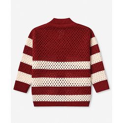Babyhug Knit Full Length Sweater Set With Cap & Booties Full Sleeves and Striped Print in Maroon