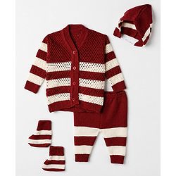 Babyhug Knit Full Length Sweater Set With Cap & Booties Full Sleeves and Striped Print in Maroon