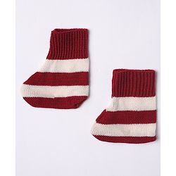 Babyhug Knit Full Length Sweater Set With Cap & Booties Full Sleeves and Striped Print in Maroon