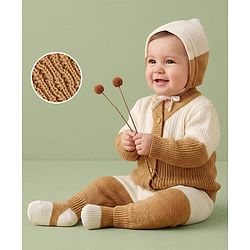 Babyhug Knit Full Sleeves Color Block Sweater Set With Cap & Booties - White & Beige