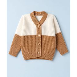 Babyhug Knit Full Sleeves Color Block Sweater Set With Cap & Booties - White & Beige