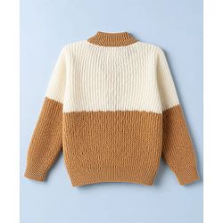 Babyhug Knit Full Sleeves Color Block Sweater Set With Cap & Booties - White & Beige