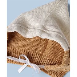 Babyhug Knit Full Sleeves Color Block Sweater Set With Cap & Booties - White & Beige