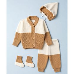 Babyhug Knit Full Sleeves Color Block Sweater Set With Cap & Booties - White & Beige