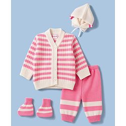 Babyhug Knit Full Sleeves Striped Sweater Set With Cap & Booties Set - Pink