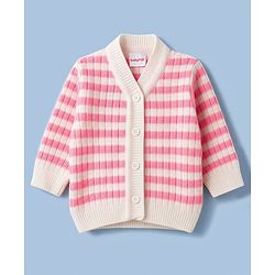 Babyhug Knit Full Sleeves Striped Sweater Set With Cap & Booties Set - Pink