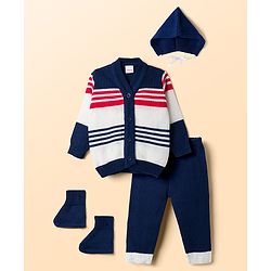 Babyhug Knit Full Sleeves Striped Sweater Set With Cap & Booties - Navy Blue