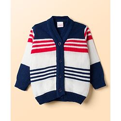 Babyhug Knit Full Sleeves Striped Sweater Set With Cap & Booties - Navy Blue