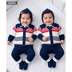 Babyhug Knit Full Sleeves Striped Sweater Set With Cap & Booties - Navy Blue