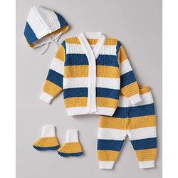 Babyhug Waffle Knit Full Sleeves Sweater Sets with Cap, Booties and Striped Design in Navy Blue