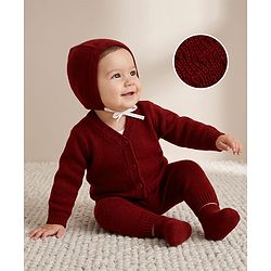Babyhug Knit Full Sleeves Sweater Set With Cap & Booties - Marron