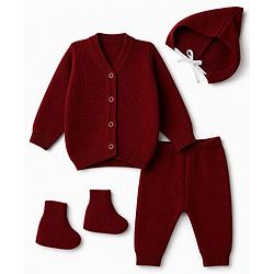 Babyhug Knit Full Sleeves Sweater Set With Cap & Booties - Marron