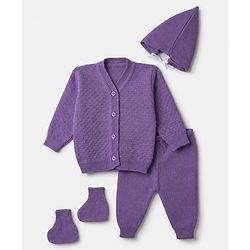 Babyhug Knit Full Sleeves Sweater Set with Cap & Booties - Purple