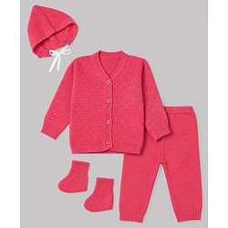 Babyhug Knit Full Sleeves Sweater Set with Cap & Booties in Dark Pink