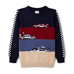 Babyhug 100% Cotton Knit Full Sleeves Colour Block Pullover with Car Embroidered Design - Navy
