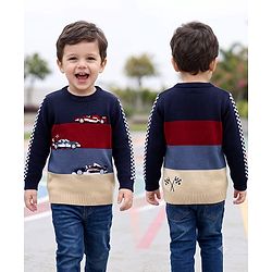 Babyhug 100% Cotton Knit Full Sleeves Colour Block Pullover with Car Embroidered Design - Navy