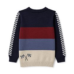 Babyhug 100% Cotton Knit Full Sleeves Colour Block Pullover with Car Embroidered Design - Navy