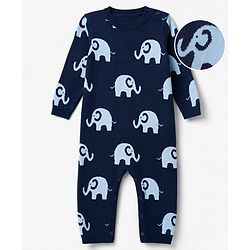 Babyhug 100% Cotton Knit Full Sleeves Winter Wear Romper With Elephant Design - Navy Blue