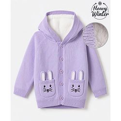 Babyhug Fur- Lined Knit Full Sleeves Front Open Hooded Sweater with Bunny Patch - Lilac