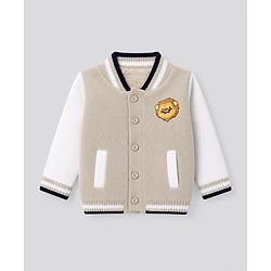 Babyhug Cotton Knit Full Sleeves Front Open Sweater with Lion Embroidery - Beige