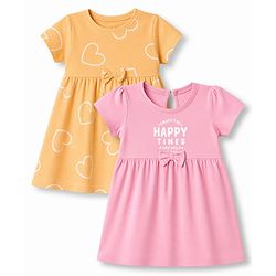 Babyhug Single Jersey Knit Half Sleeves Hearts & Text Printed Frocks With Bow Applique Pack Of 2 - Yellow & Pink
