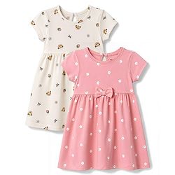 Babyhug Single Jersey Knit Half Sleeves Frock With Floral Print & Bow Applique Pack Of 2 - Pink & White