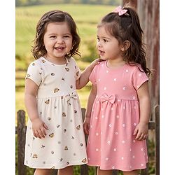 Babyhug Single Jersey Knit Half Sleeves Frock With Floral Print & Bow Applique Pack Of 2 - Pink & White