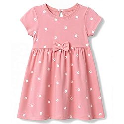 Babyhug Single Jersey Knit Half Sleeves Frock With Floral Print & Bow Applique Pack Of 2 - Pink & White