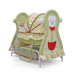Babyhug Monkey Print Cradle with Mosquito Net and Swing Lock function - Green| Storage Basket| Wheels with Lock| Easy Assembly