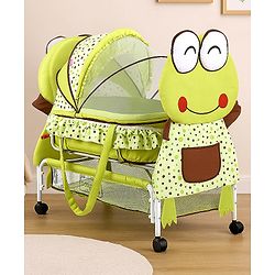 Babyhug Froggy Print Cradle with Mosquito Net and Swing Lock function - Green| Storage Basket| Wheels with Lock| Easy Assembly